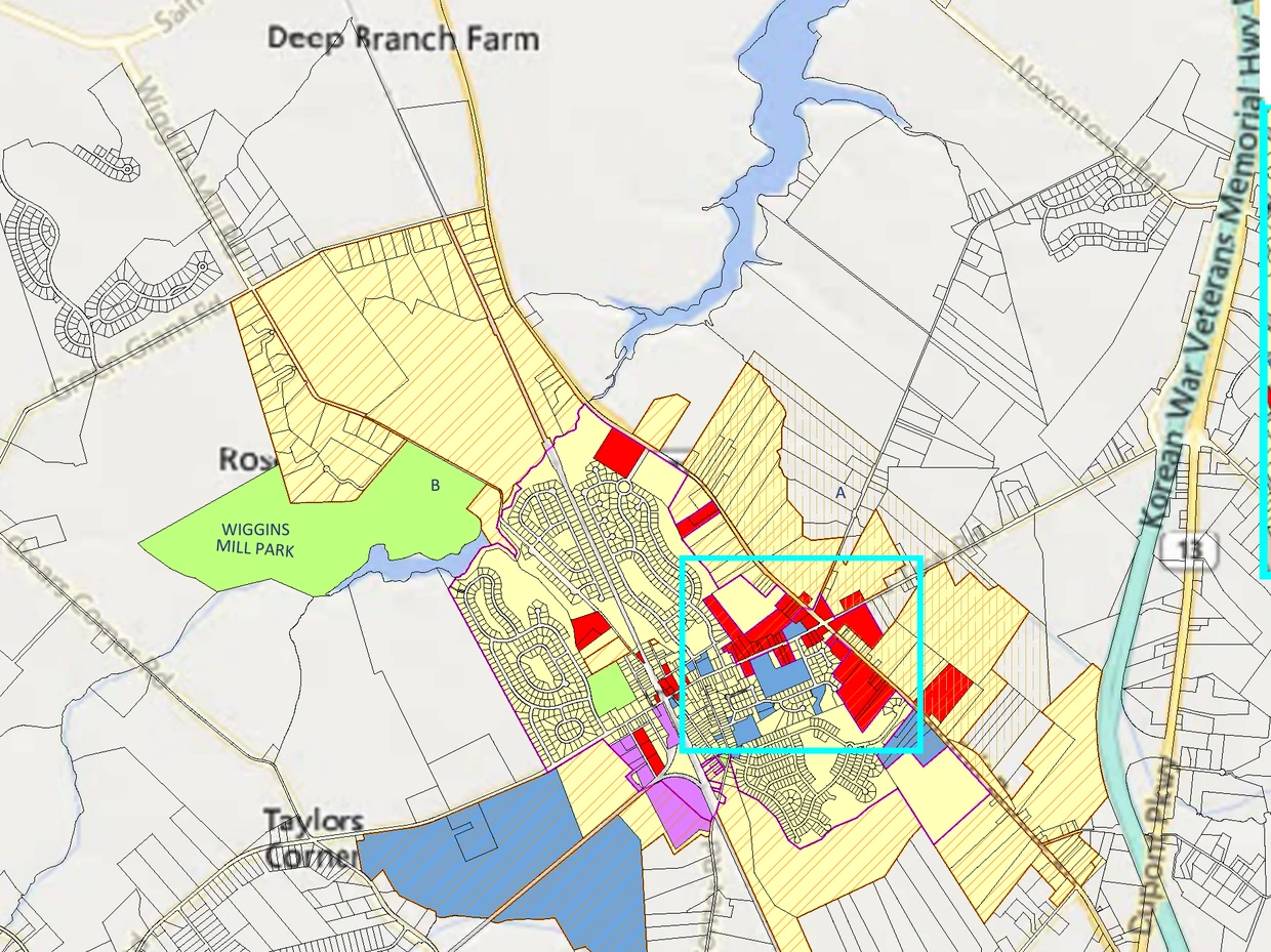 Detail of the 2026 draft Map 4 sheet over the same ground. The stipple is gone. Pale yellow residential land and hatched 2026 annexation areas spread north, east and southeast from the town.